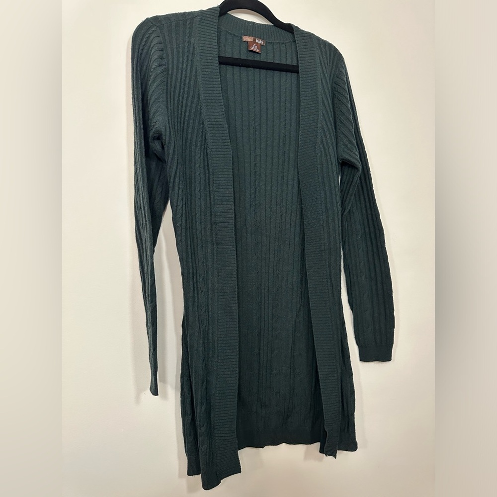 Bobi forest green 90% wool 10% cashmere open front cardigan sweater cable knit